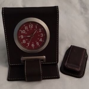 Red and BrownTravel Clock with Case + Leather Money Clip